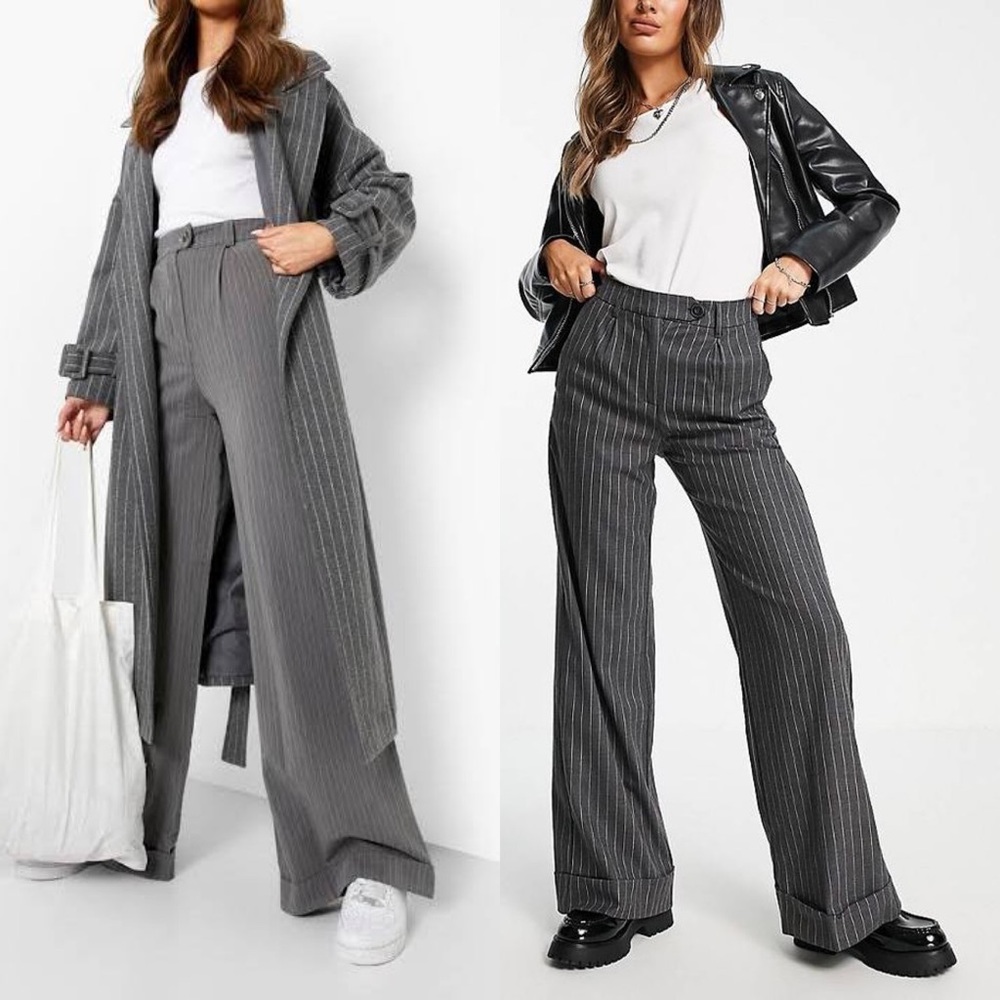 NWT Poleci for Anthropologie Grey Pinstripe Wide Leg Cuffed Pants Trousers SZ 4